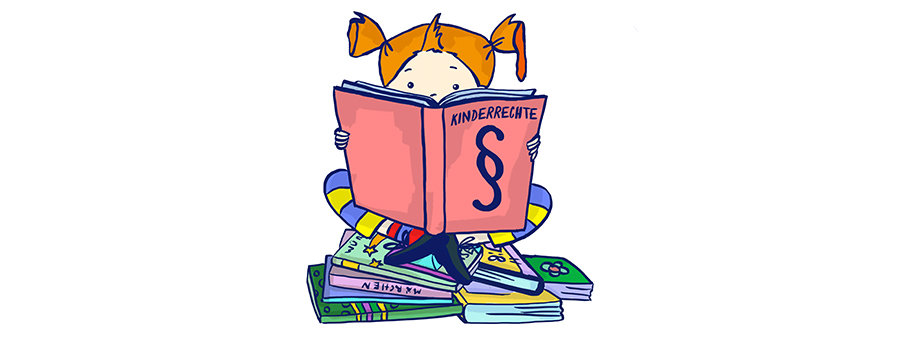 Illustration eines rothaarigen Mädchens, das auf einem Stapel Bücher sitzt und ein Buch über Kinderrechte liest