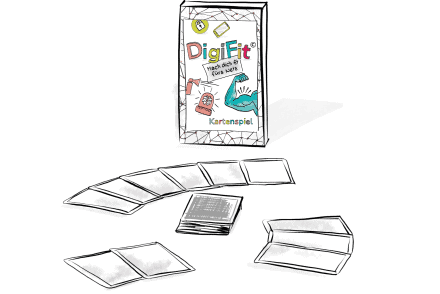 gezeichnetes Bild vom DigiFit-Spielkarton mit ausgebreiteten Spielkarten