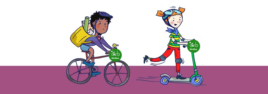 Illustration von einem weißen Mädchen auf einem Roller und einem Jungen of Color auf einem Fahrrad