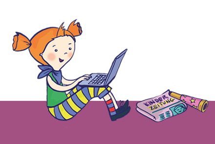 Illustration von einem rothaarigen Mädchen, das auf dem Boden sitzt mit einem Laptop am Schoß