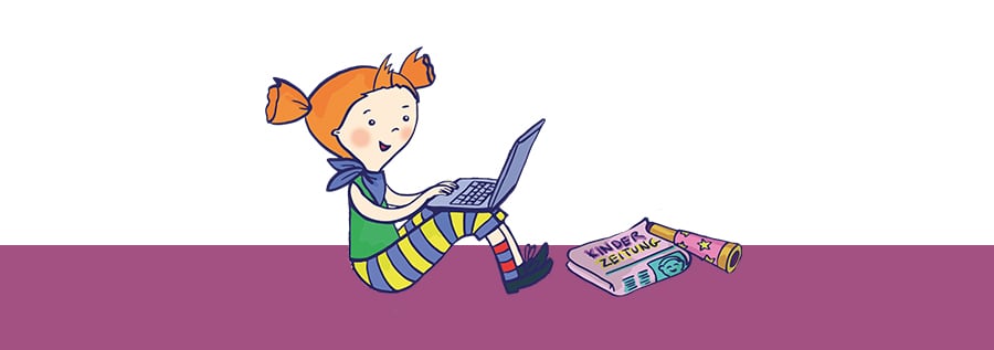 Illustration von einem rothaarigen Mädchen, das auf dem Boden sitzt mit einem Laptop am Schoß