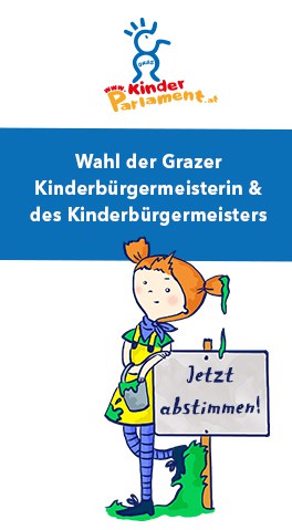 Illustration von einem Mädchen mit einem Schild zur Wahl der Kinderbürgermeister*innen