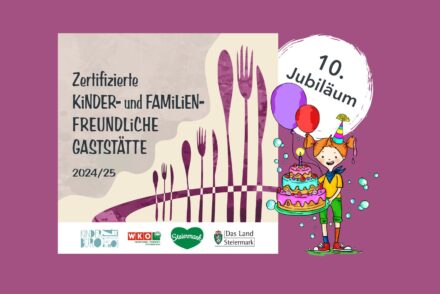 Logo Kinder- und Familienfreundliche Gaststätten und Illustration eines Mädchens mit einer Geburtstagstorte in der Hand und Schriftzug "10. Jubiläum"