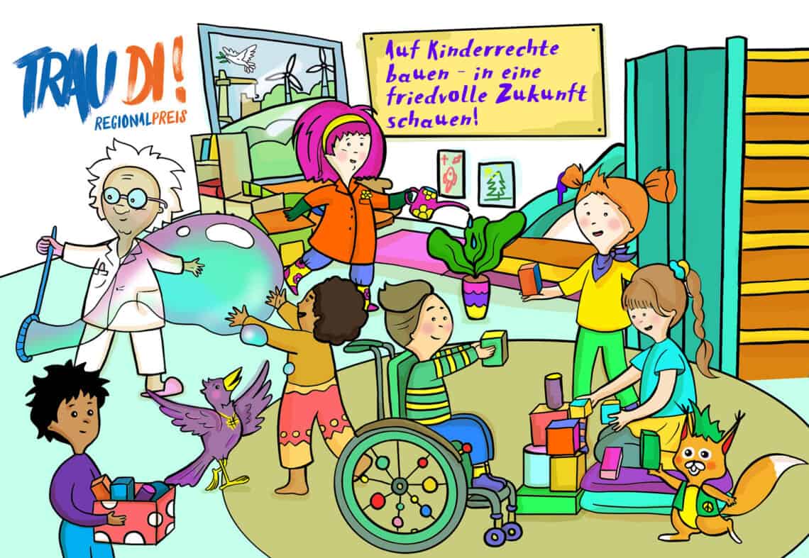 Illustration von Kindern, die im Kindergarten spielen mit Logo des TrauDi!-Regionalpreis