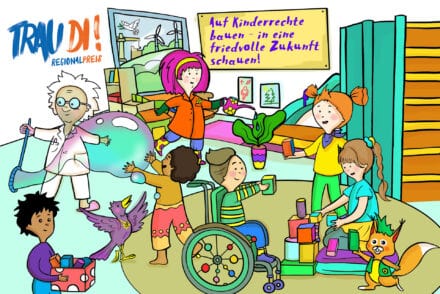 Illustration von Kindern, die im Kindergarten spielen mit Logo des TrauDi!-Regionalpreis