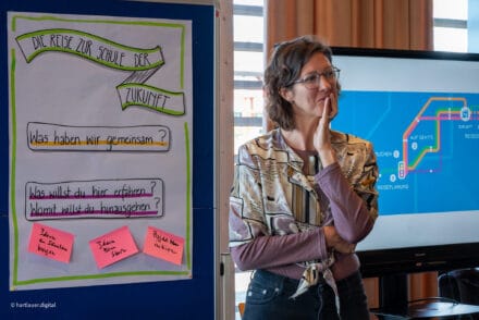 Eine Dame steht vor einem Flipchart mit Ideen zur Schule der Zukunft