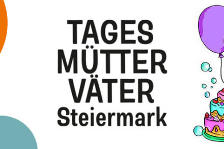 Logo Tagesmütter*Tagesväter neben einer Illustration von einem Mädchen mit einer Geburtstagstorte