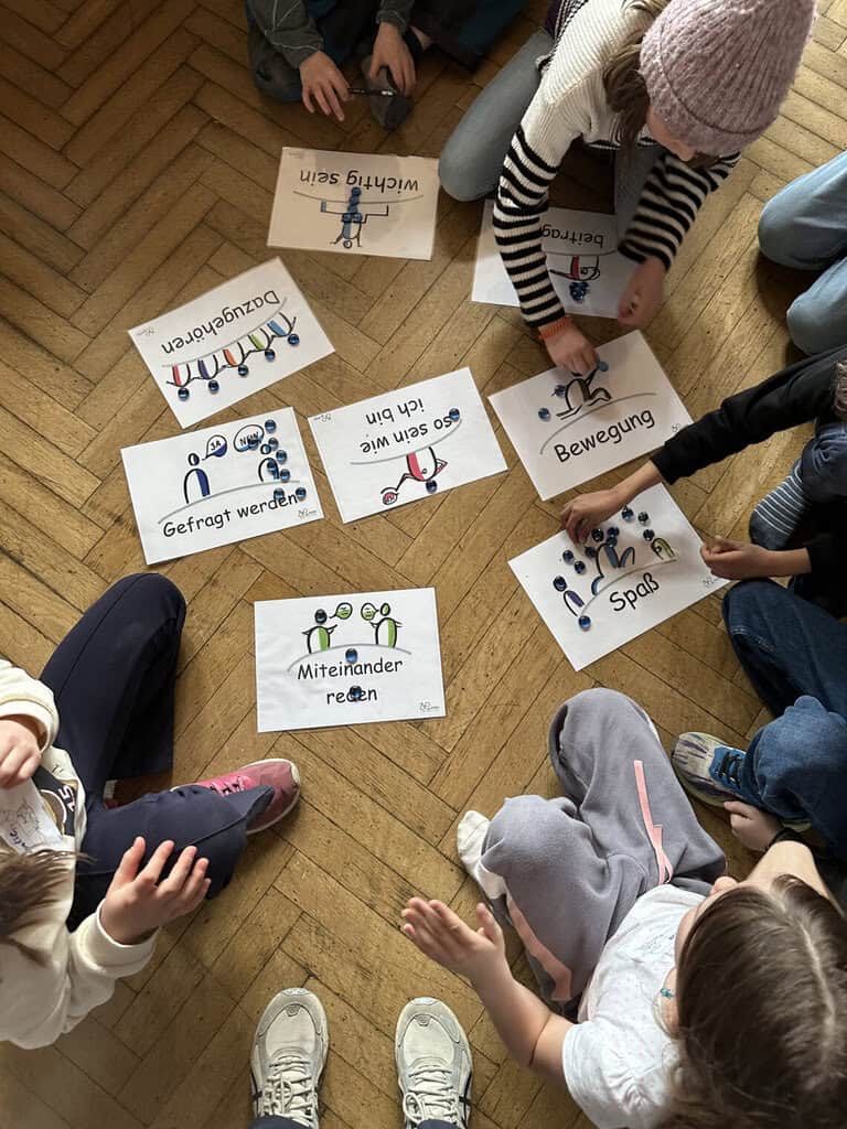 Ansicht auf eine Gruppe Kinder von oben. Die Kinder sitzen auf einem hellen Holzboden, in der Mitte sind verschiedene Zettel mit Wörtern und Illustrationen.