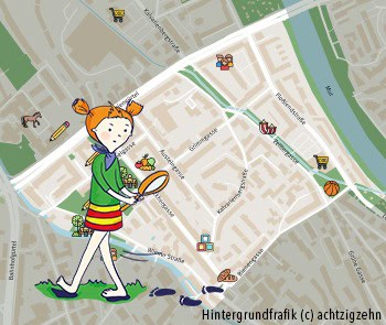 Karte vom Stadtteil Lend Mitte, im Vordergrund Illustration eines Mädchens, das eine Lupe in der Hand hält und nach Spuren sucht